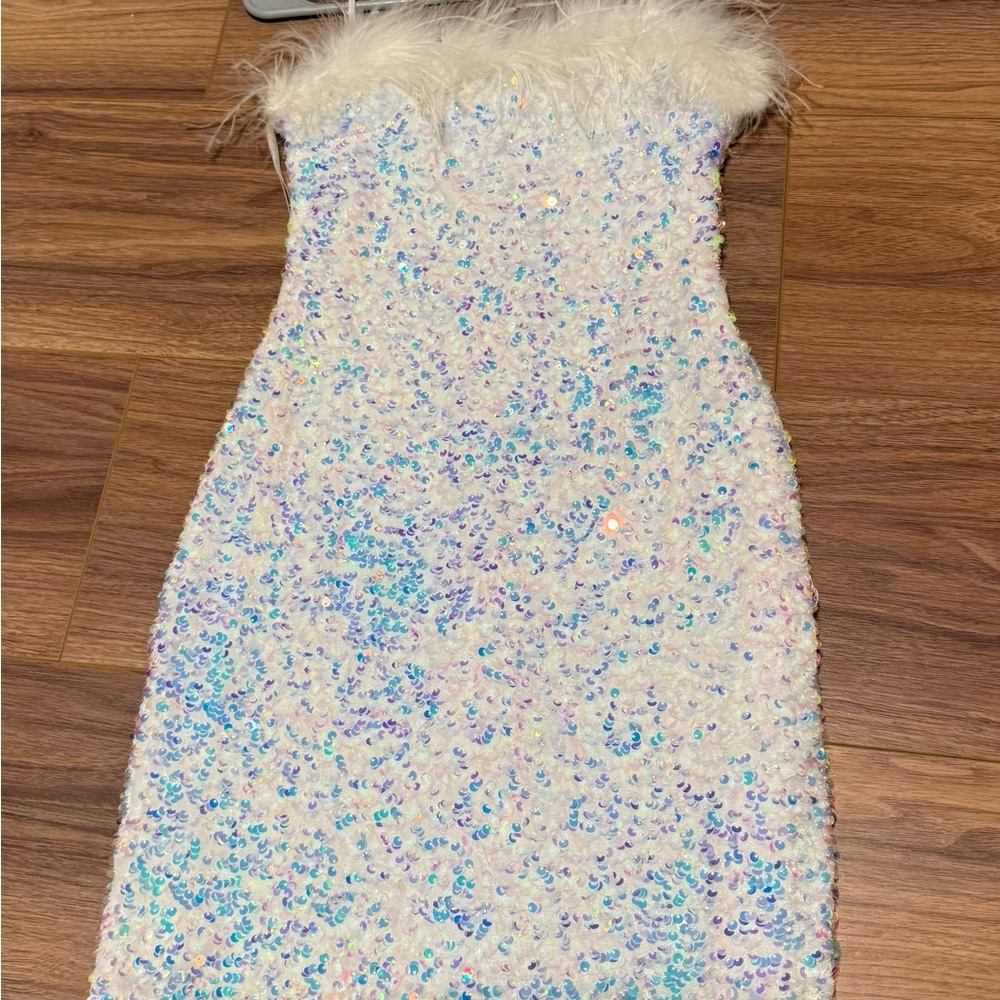 B Darlin Iridescent Sequin Dress - White and Blue